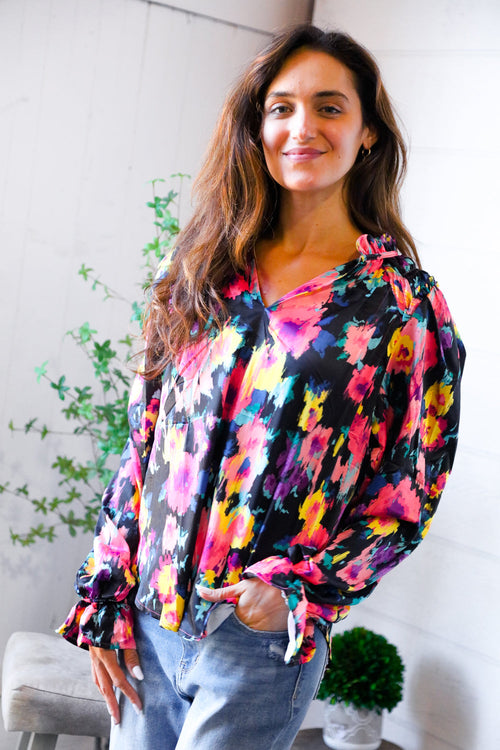 Bold and Blooming Bubble Sleeve Woven Blouse