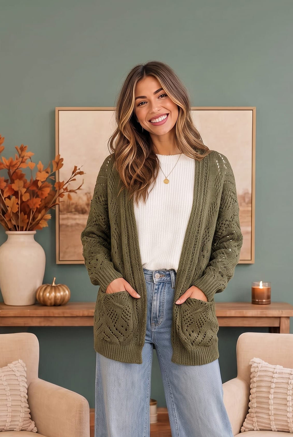 Cozy Days Open Knit Cardigan in Olive