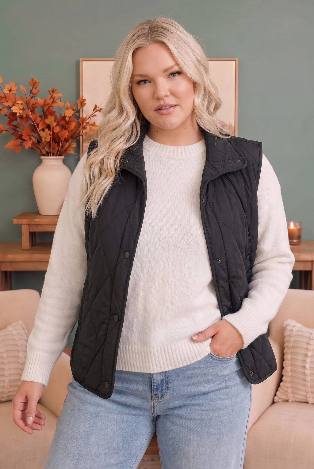 Cozy Days Black Quilted Snap Button Vest