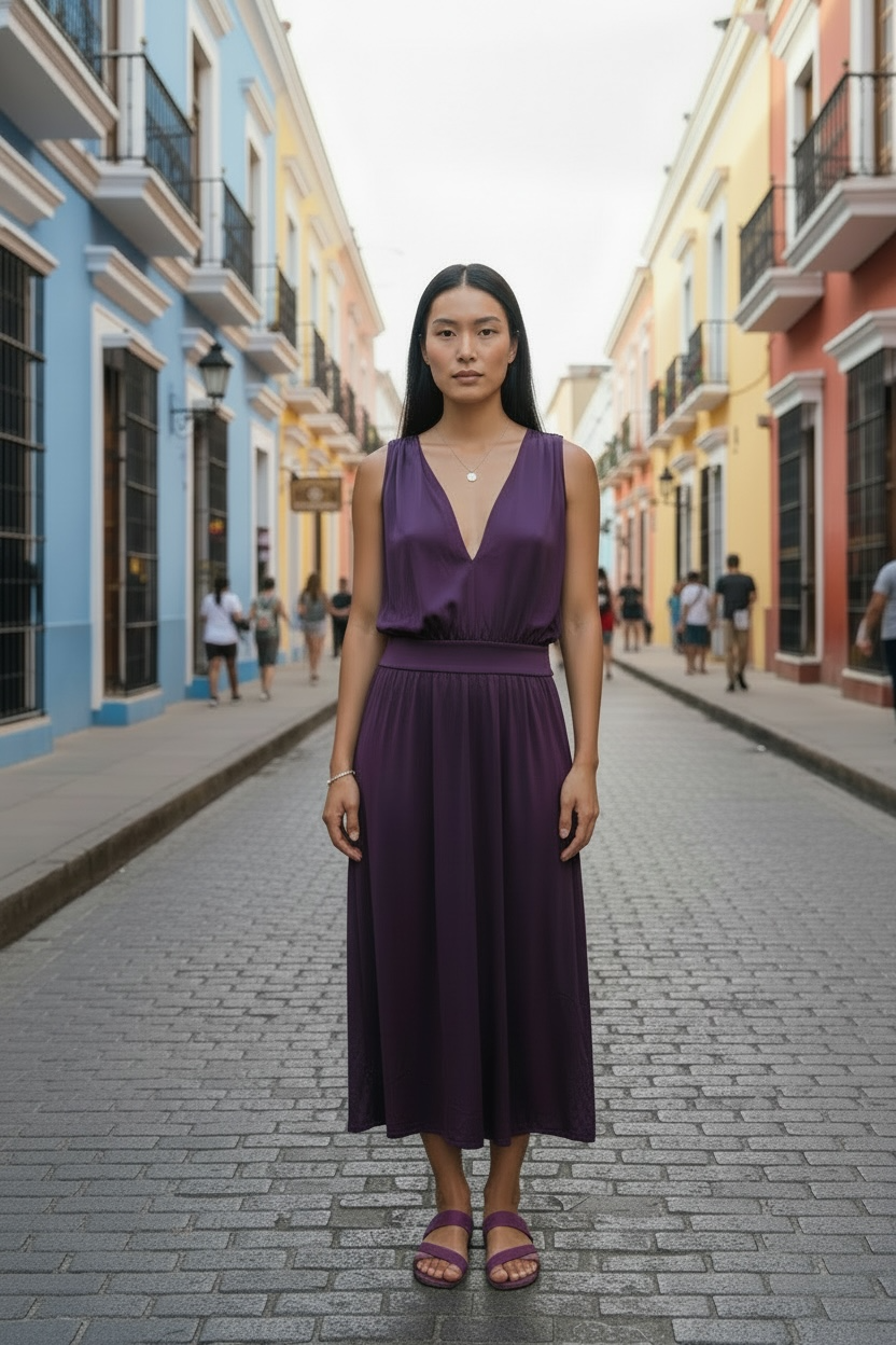The Plum Horizon V-Neck Midi Dress