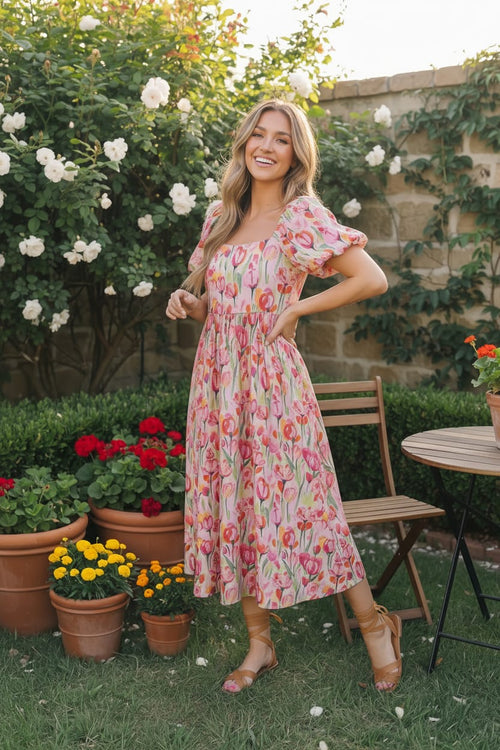 Bouquet of Tulips Pocketed Midi Dress