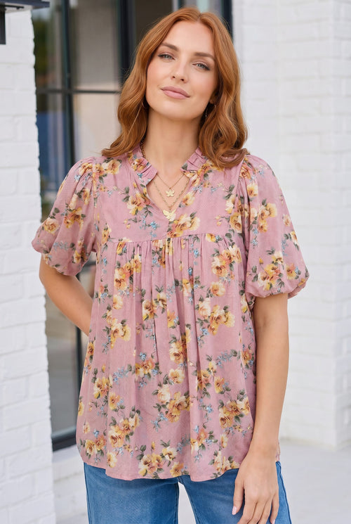 Blooming With Joy Rose Floral Puff Sleeve Top