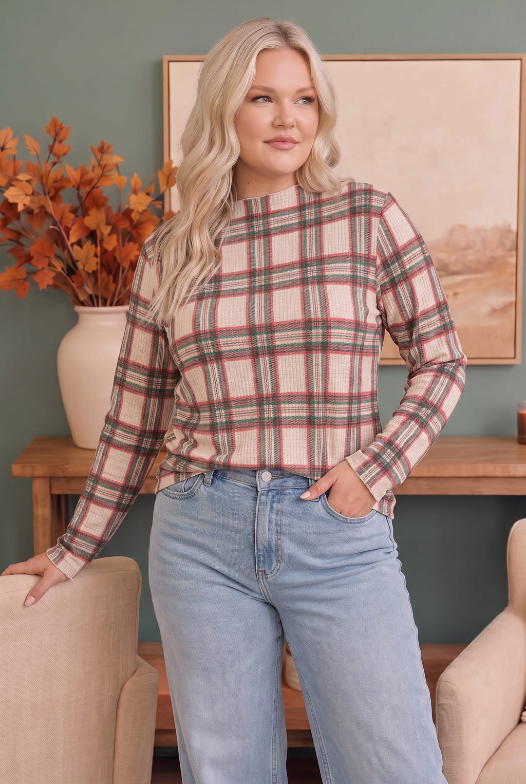 Plaid About You Mock Neck in Ivory