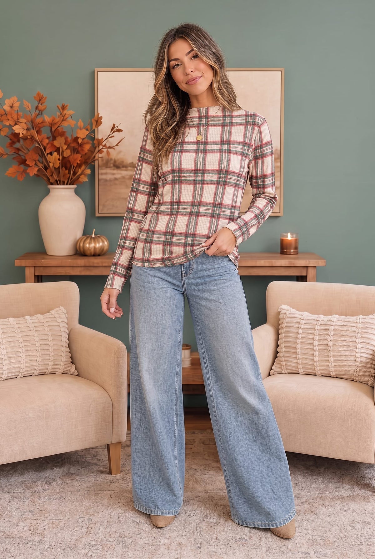 Plaid About You Mock Neck in Ivory
