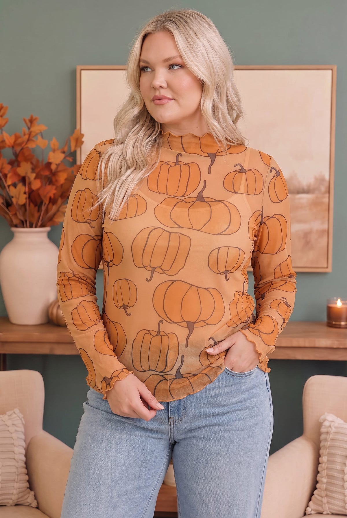 Pumpkin Patch Mesh Mock Neck Top