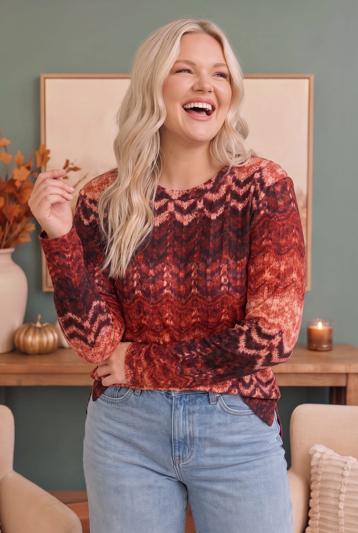 Zigzag Into Fall Burgundy Long Sleeve Top