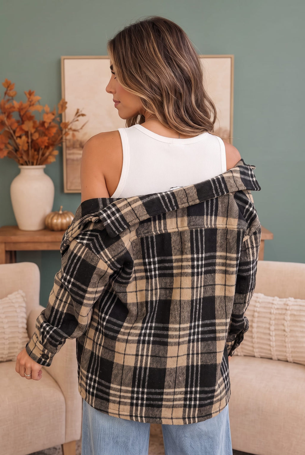 Cozy Plaid Sherpa Lined Shacket in Khaki Black