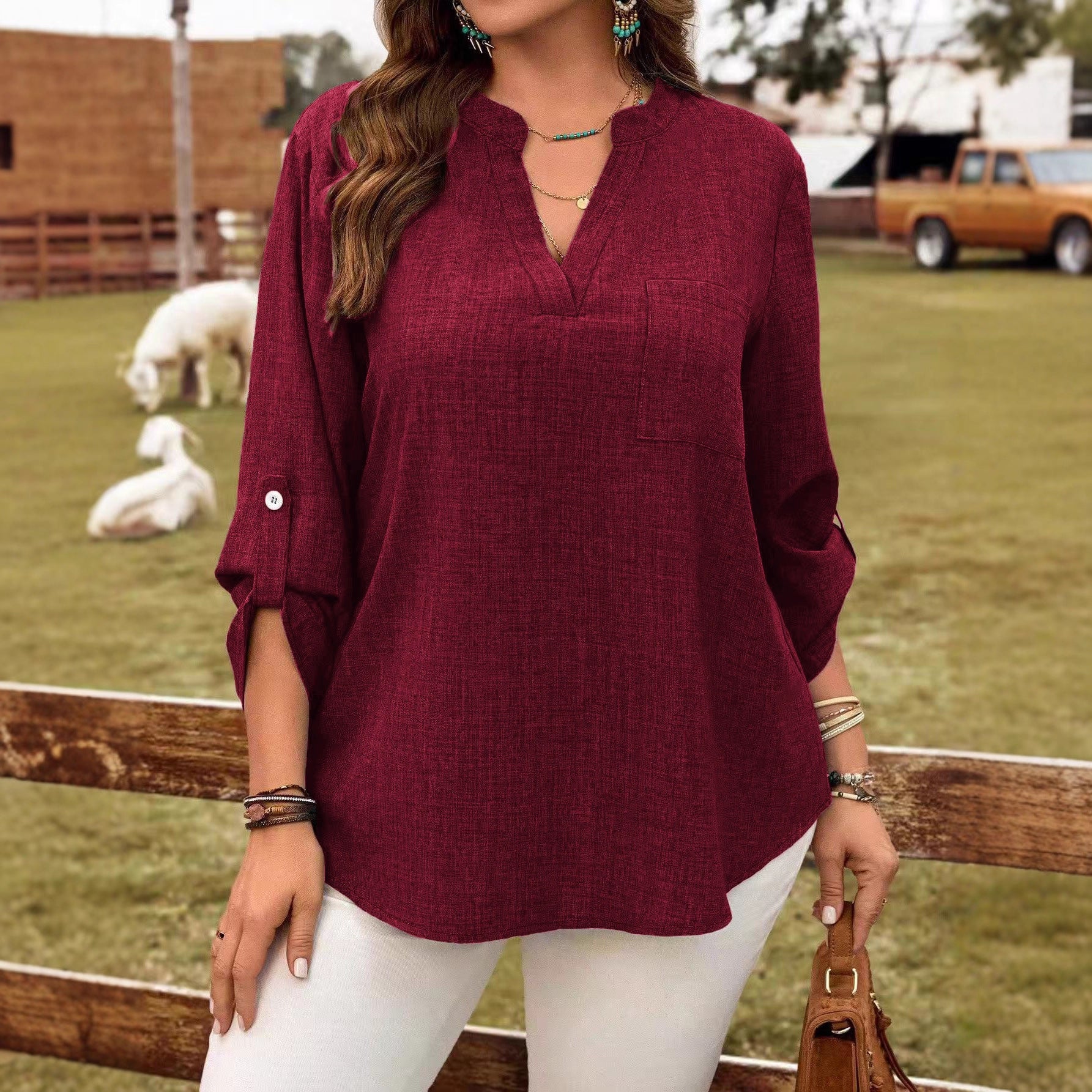 Solid-color V-neck Button-up Loose-fitting Fashionable Top