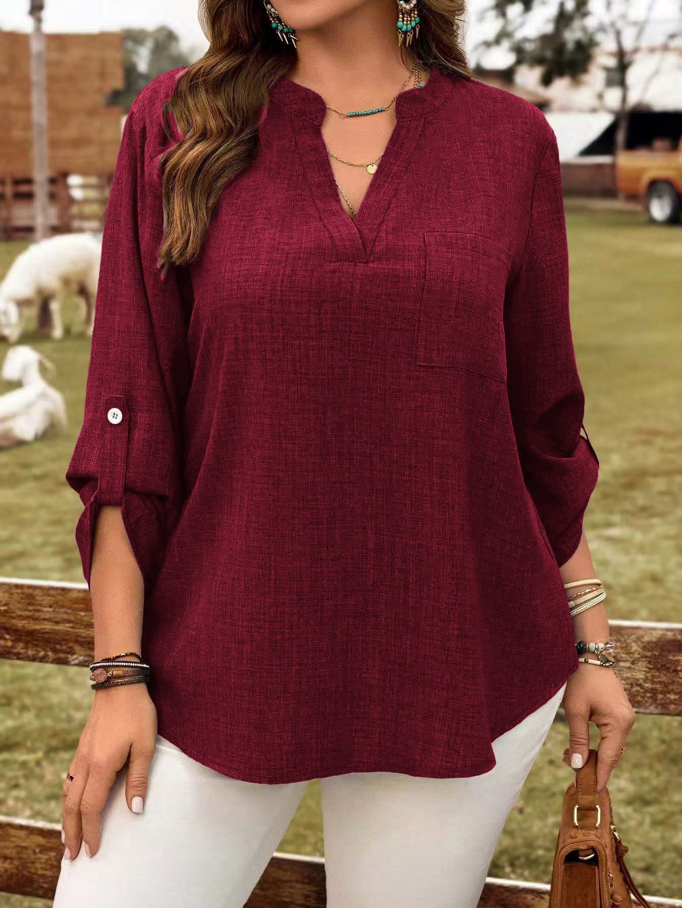 Solid-color V-neck Button-up Loose-fitting Fashionable Top