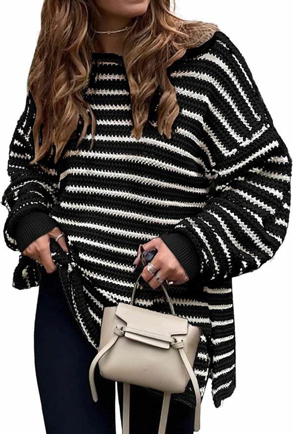 2023 Fall Winter Women's Oversized Long Sleeve Striped Sweater Casual Crewneck Side Split Pullover Knit Tops - Image 71