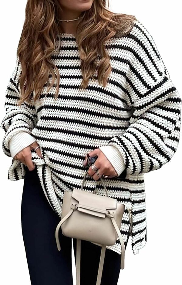2023 Fall Winter Women's Oversized Long Sleeve Striped Sweater Casual Crewneck Side Split Pullover Knit Tops - Image 64