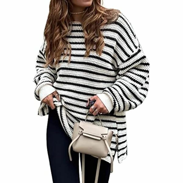 2023 Fall Winter Women's Oversized Long Sleeve Striped Sweater Casual Crewneck Side Split Pullover Knit Tops - Image 100