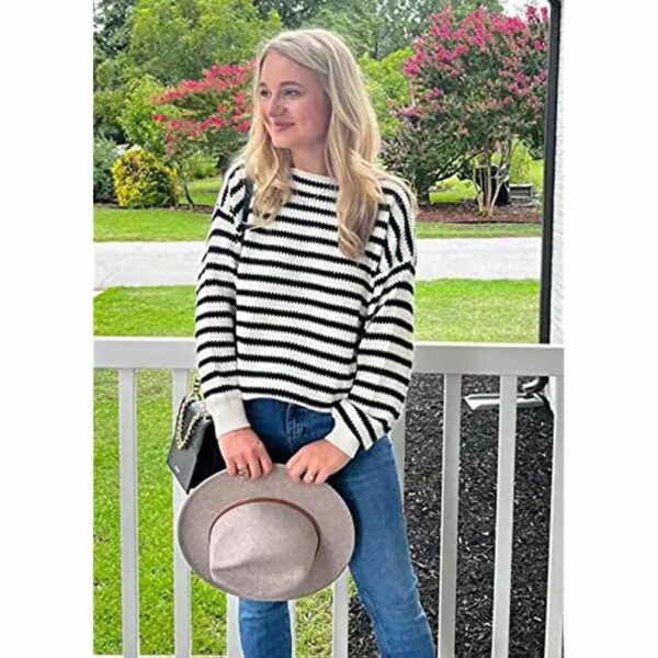 2023 Fall Winter Women's Oversized Long Sleeve Striped Sweater Casual Crewneck Side Split Pullover Knit Tops - Image 102