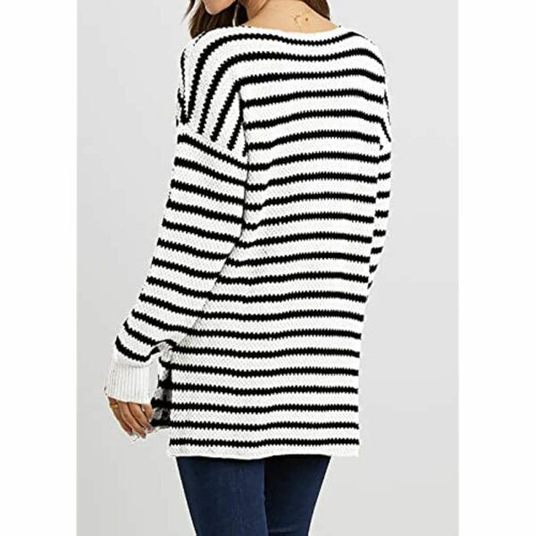 2023 Fall Winter Women's Oversized Long Sleeve Striped Sweater Casual Crewneck Side Split Pullover Knit Tops - Image 104