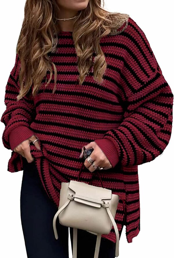 2023 Fall Winter Women's Oversized Long Sleeve Striped Sweater Casual Crewneck Side Split Pullover Knit Tops - Image 99