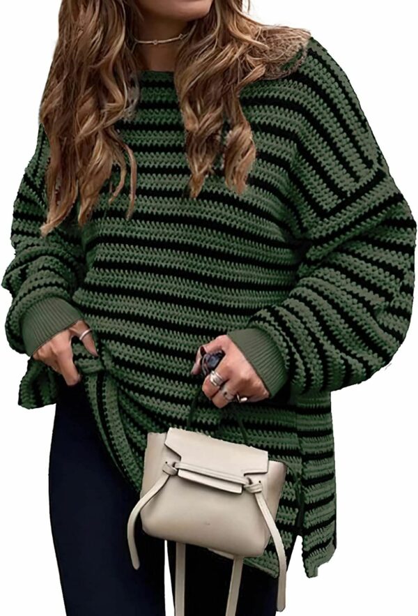 2023 Fall Winter Women's Oversized Long Sleeve Striped Sweater Casual Crewneck Side Split Pullover Knit Tops - Image 92