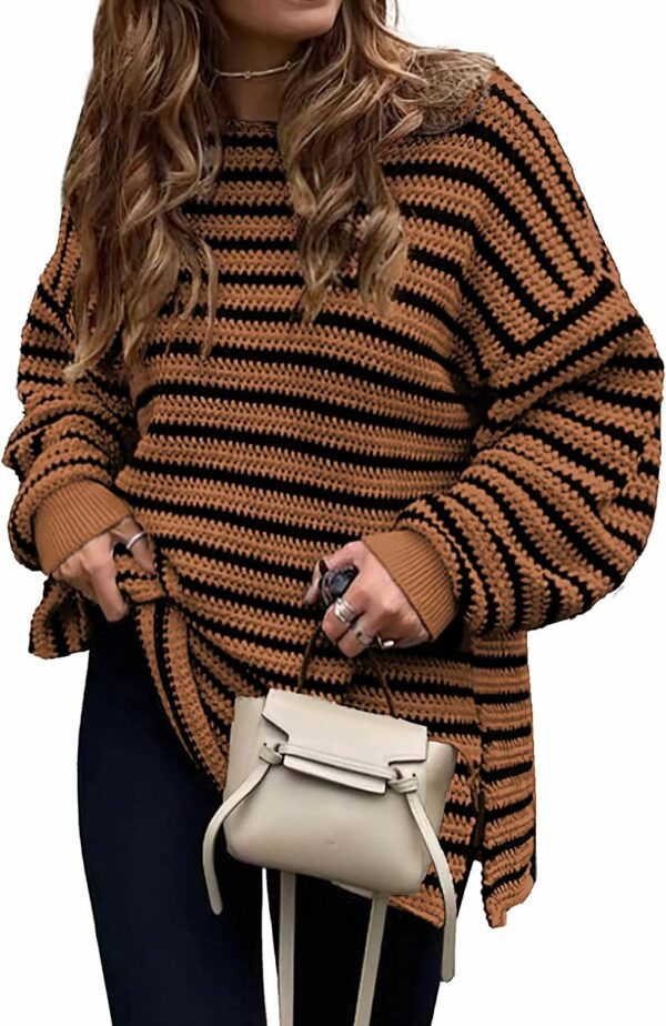 2023 Fall Winter Women's Oversized Long Sleeve Striped Sweater Casual Crewneck Side Split Pullover Knit Tops - Image 22