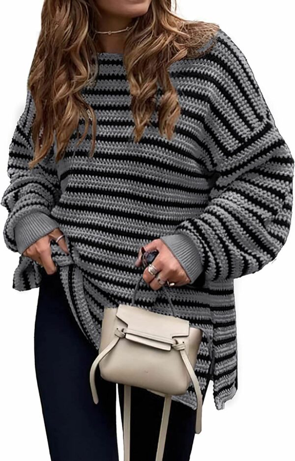 2023 Fall Winter Women's Oversized Long Sleeve Striped Sweater Casual Crewneck Side Split Pullover Knit Tops - Image 85