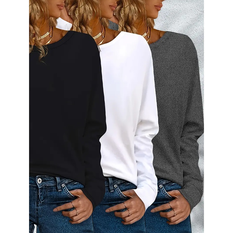 3 Pack Womens Plus Size Long Sleeve Shirts Crew Neck Basic Tee Tops Loose Fit Fall Outfits For Women 1X-5X - Image 3