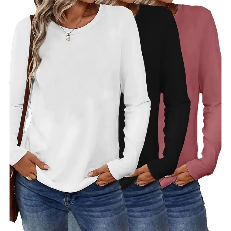 3 Pack Womens Plus Size Long Sleeve Shirts Crew Neck Basic Tee Tops Loose Fit Fall Outfits For Women 1X-5X - Image 2
