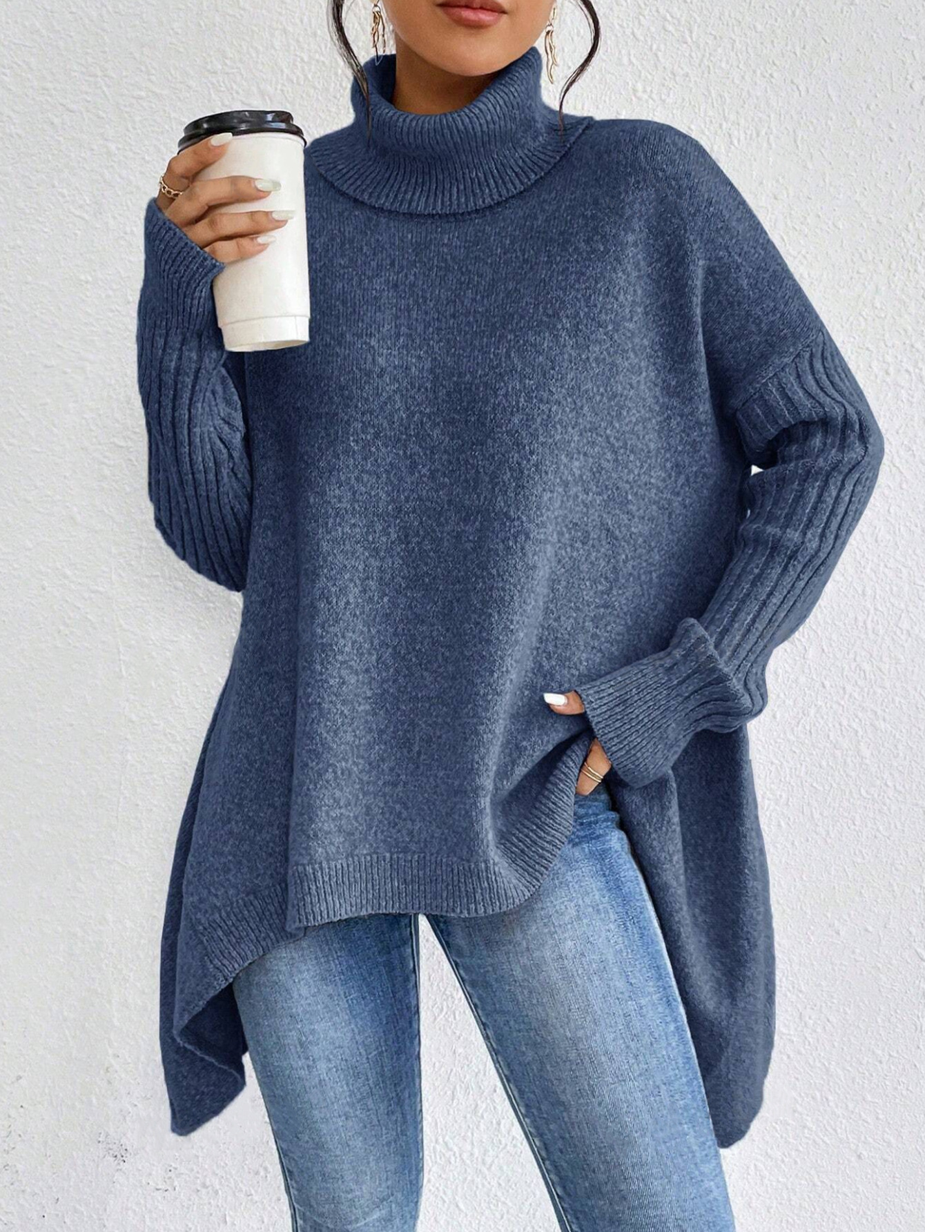 Irregular Turtleneck Sweater Winter Loose Long Sleeve Knitted Tops Leisure Warm Pullover Sweater Women's Clothing - Image 6