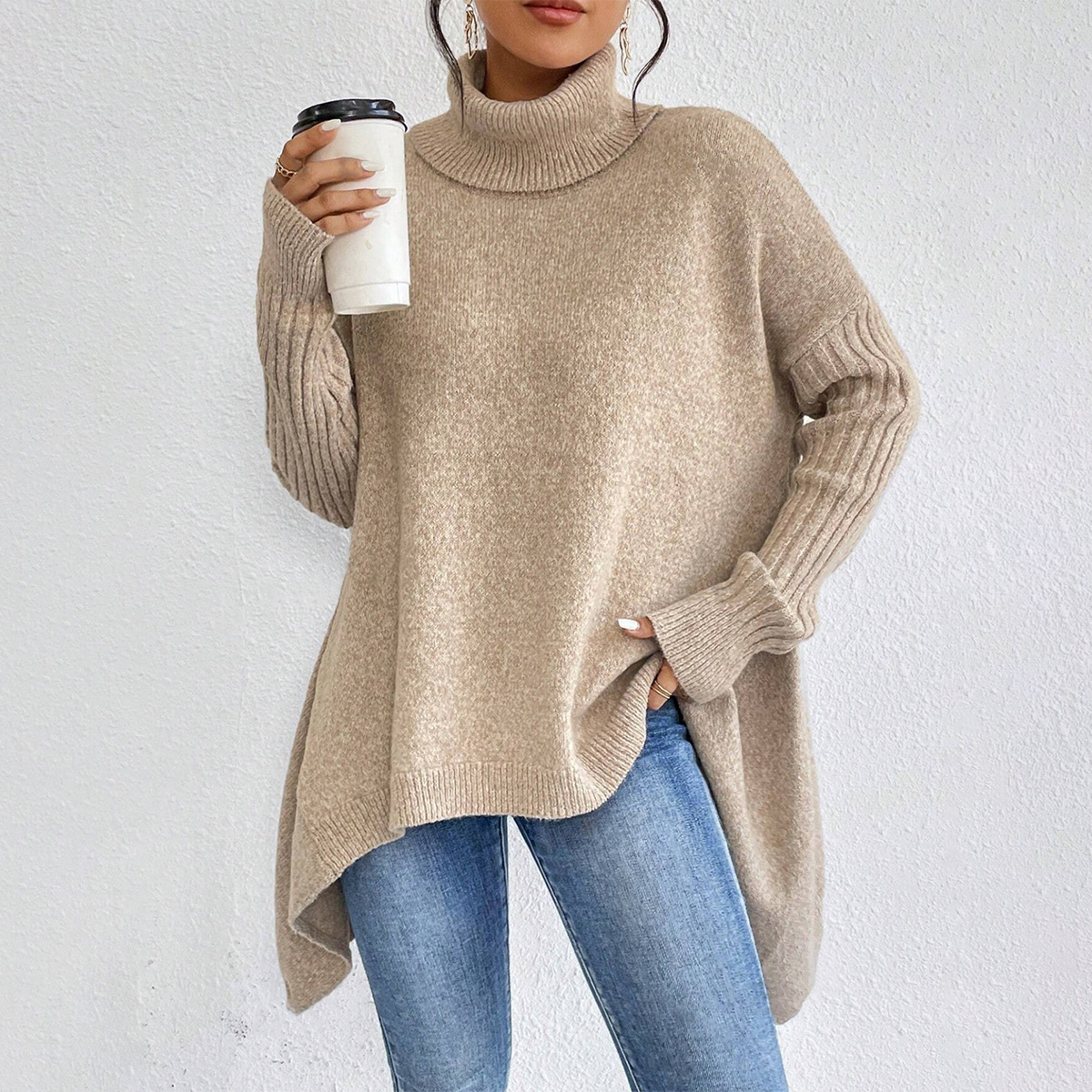 Irregular Turtleneck Sweater Winter Loose Long Sleeve Knitted Tops Leisure Warm Pullover Sweater Women's Clothing - Image 3