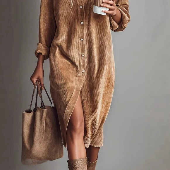Corduroy Long Sleeve Lapel Shirt Loose Long Dress - Image 5