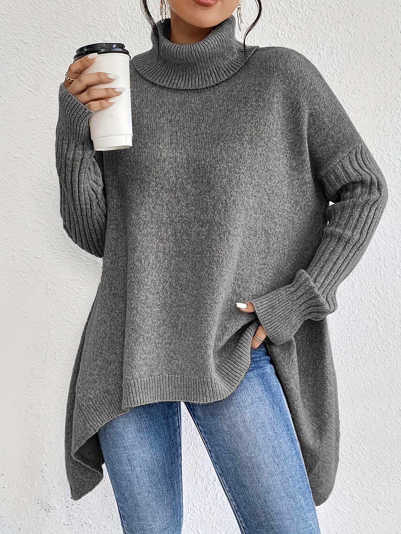 Irregular Turtleneck Sweater Winter Loose Long Sleeve Knitted Tops Leisure Warm Pullover Sweater Women's Clothing - Image 9