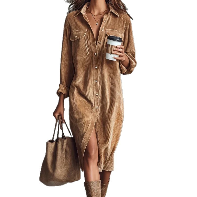 Corduroy Long Sleeve Lapel Shirt Loose Long Dress - Image 3
