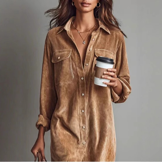 Corduroy Long Sleeve Lapel Shirt Loose Long Dress - Image 2