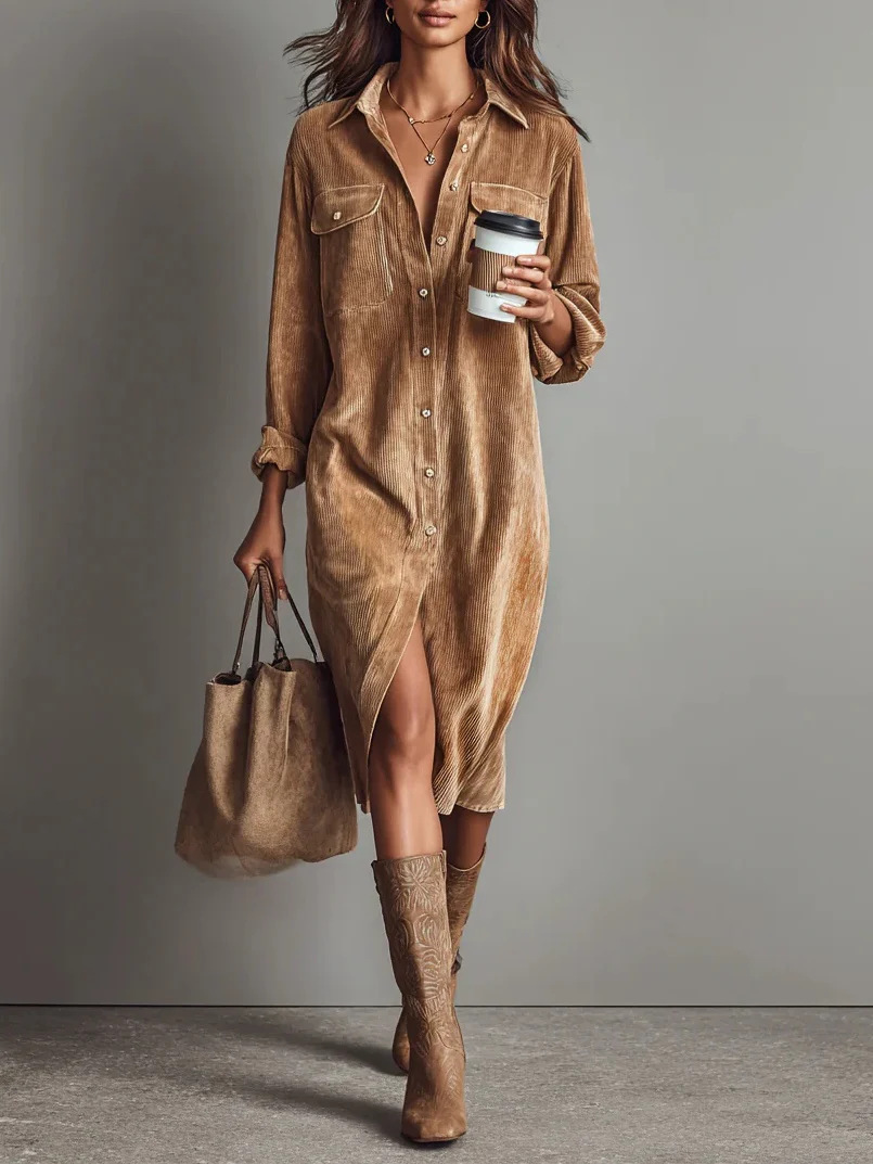 Corduroy Long Sleeve Lapel Shirt Loose Long Dress - Image 4