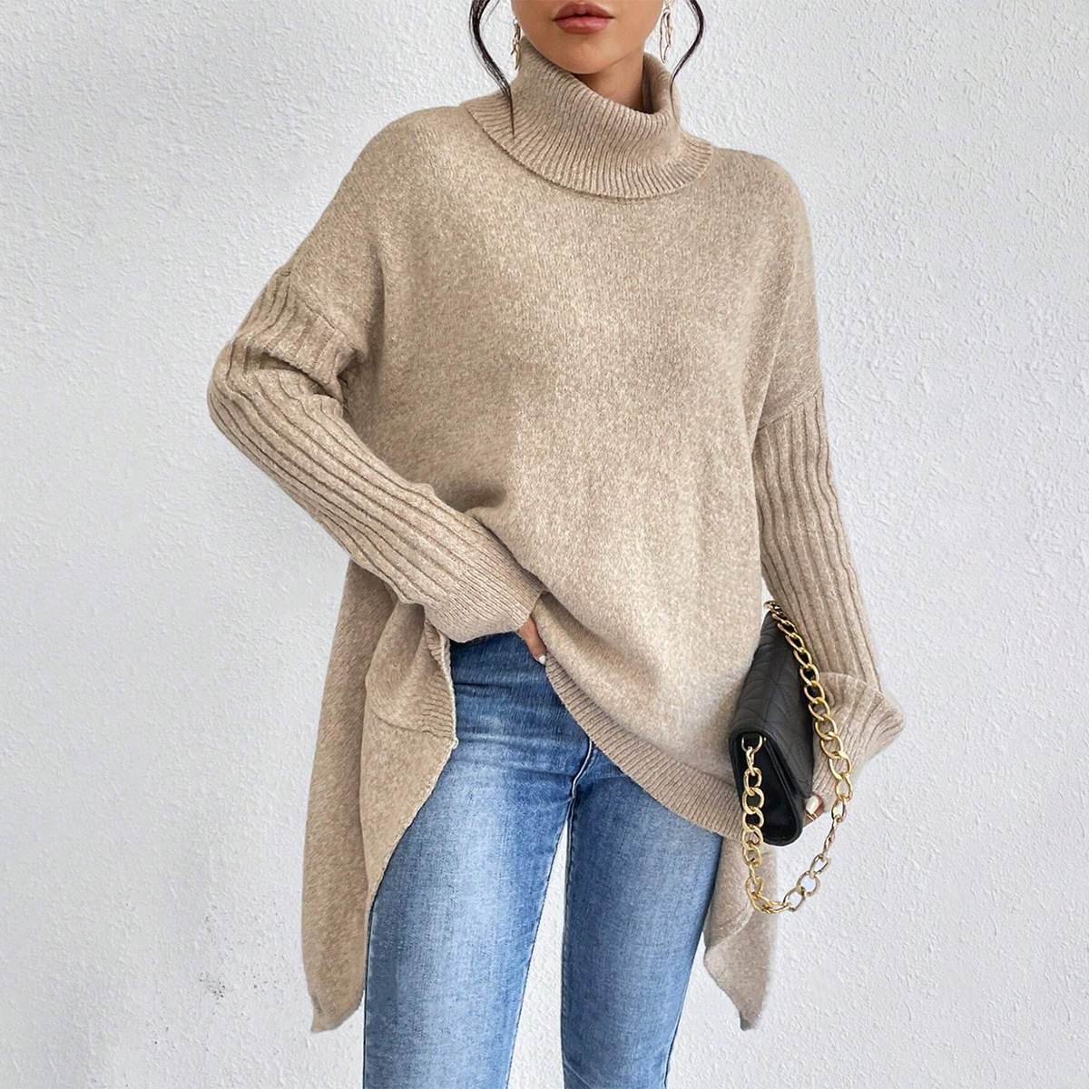 Irregular Turtleneck Sweater Winter Loose Long Sleeve Knitted Tops Leisure Warm Pullover Sweater Women's Clothing - Image 5