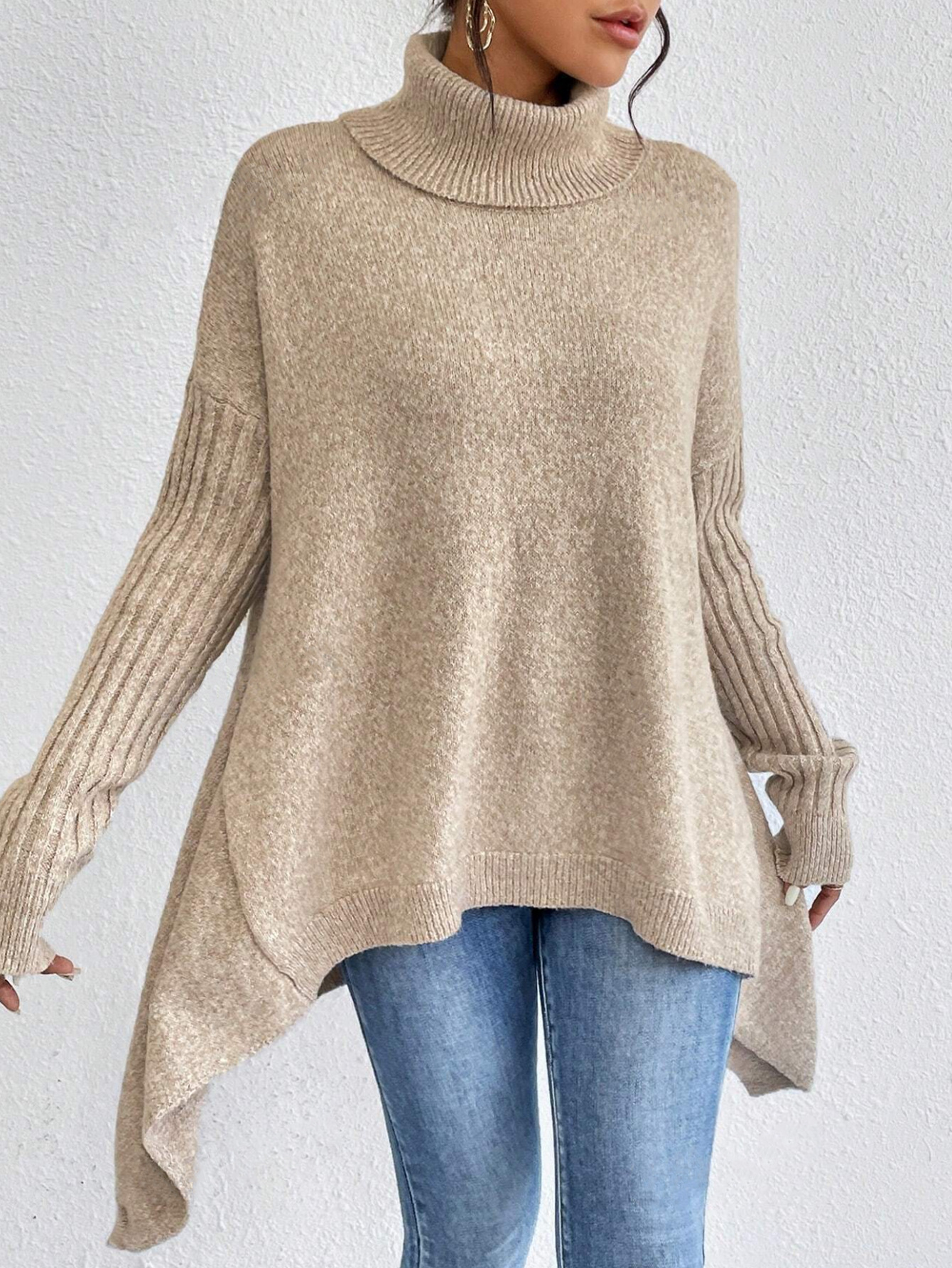 Irregular Turtleneck Sweater Winter Loose Long Sleeve Knitted Tops Leisure Warm Pullover Sweater Women's Clothing - Image 7
