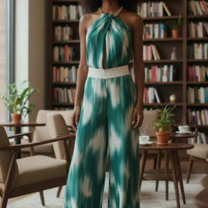 The "Emerald Oasis" Gold-Chain Halter Jumpsuit